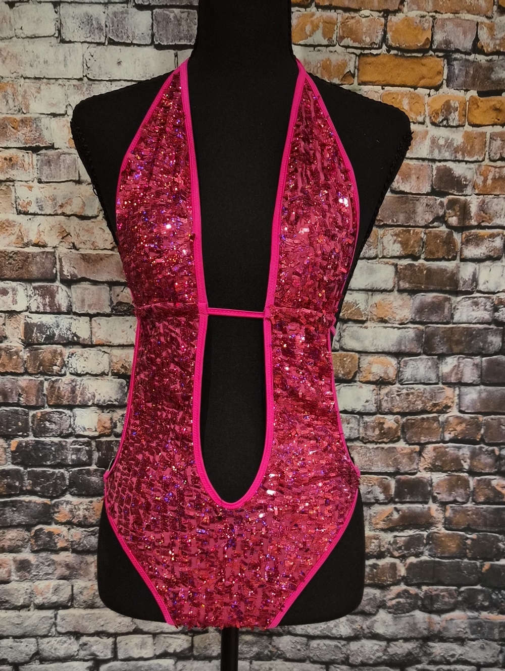 Fuchsia Sequin Halter Plunge One-Piece
